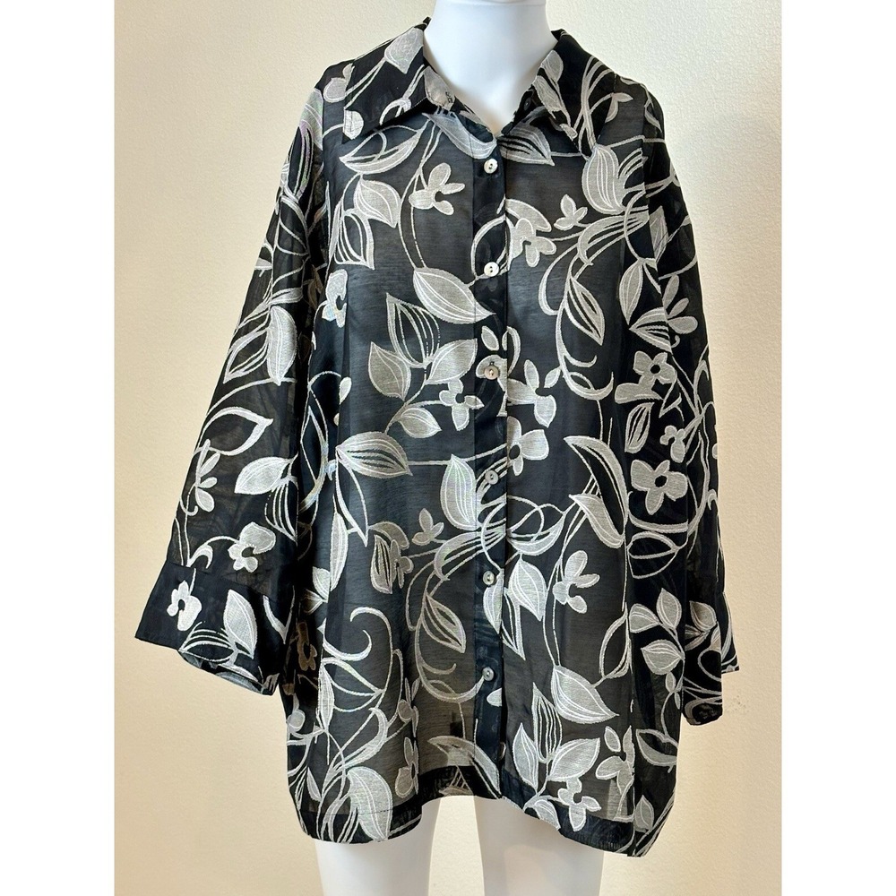 Choices Linen Blend‎ Womens Plus Size Top 2X Black Sheer Floral Career Resort